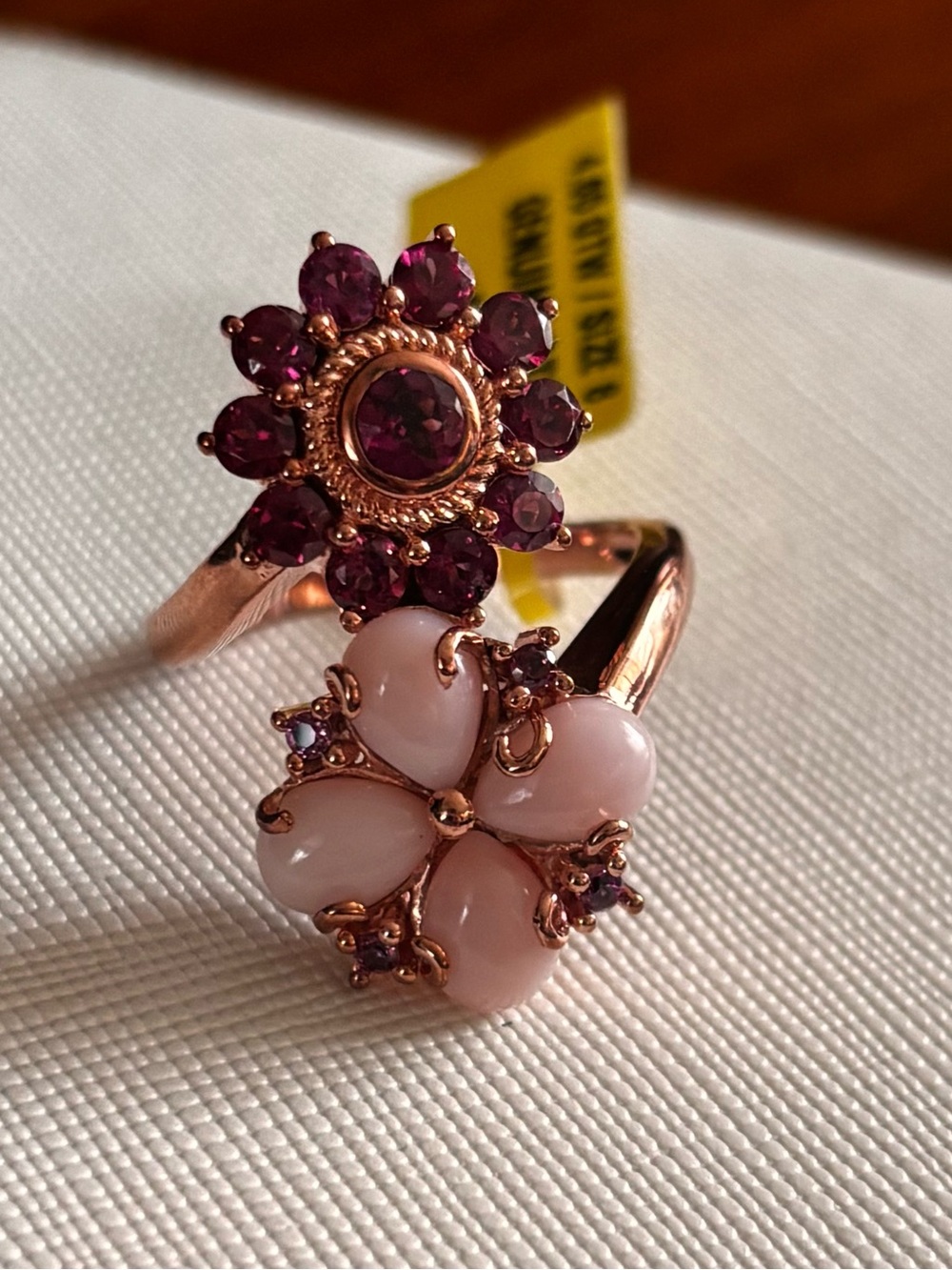 Rose Gold genuine Floral Opal and Rhodolite Cocktail Ring